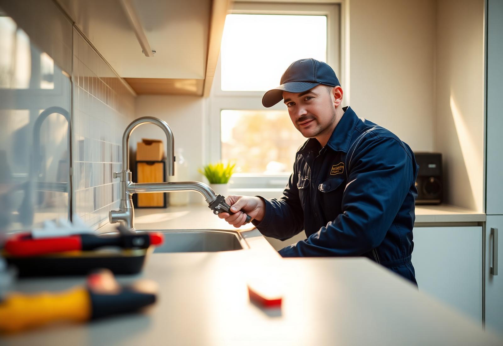 Professional plumber repairing a kitchen sink in Merced, California